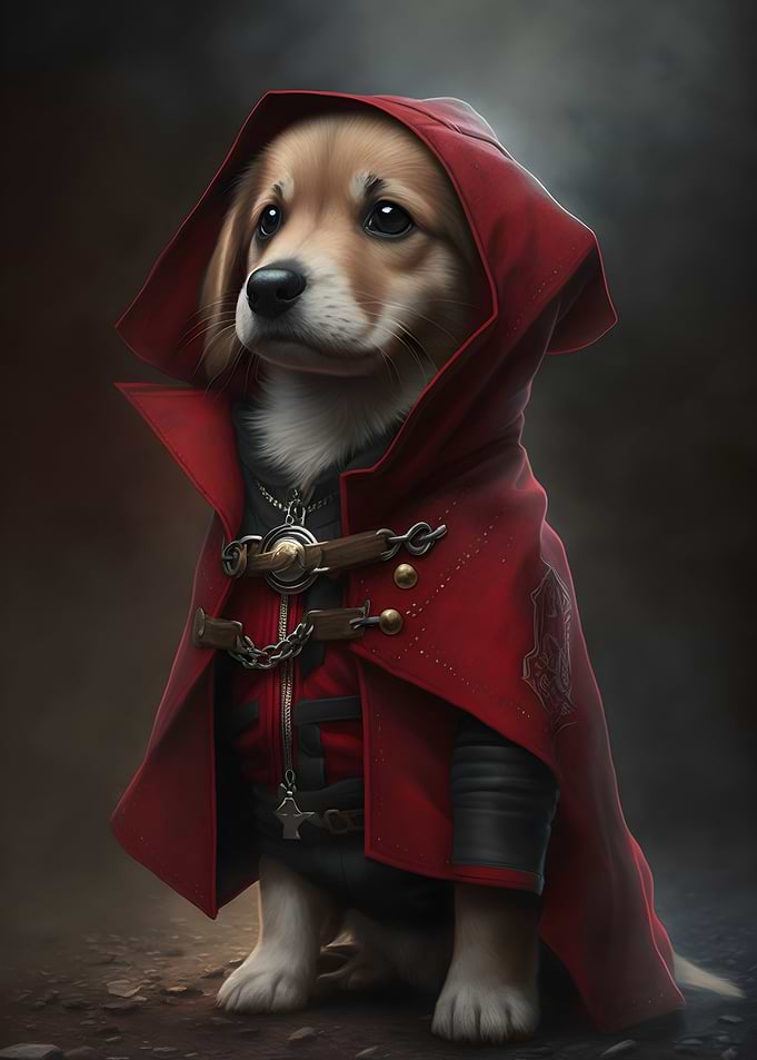 Dog in Red Hooded Cloak