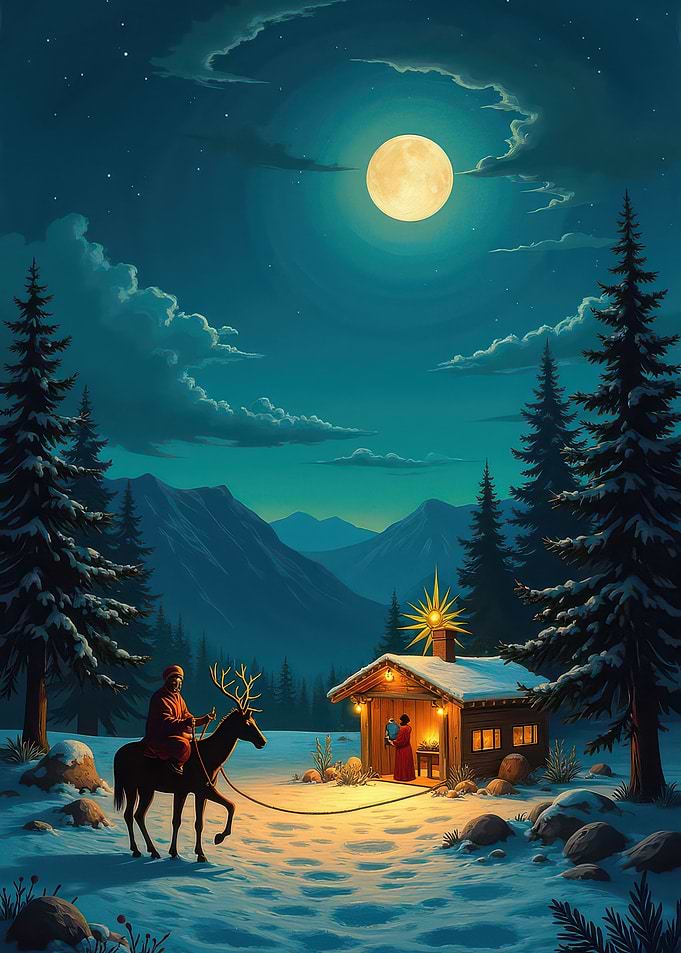 Winter Night Scene with Reindeer Rider
