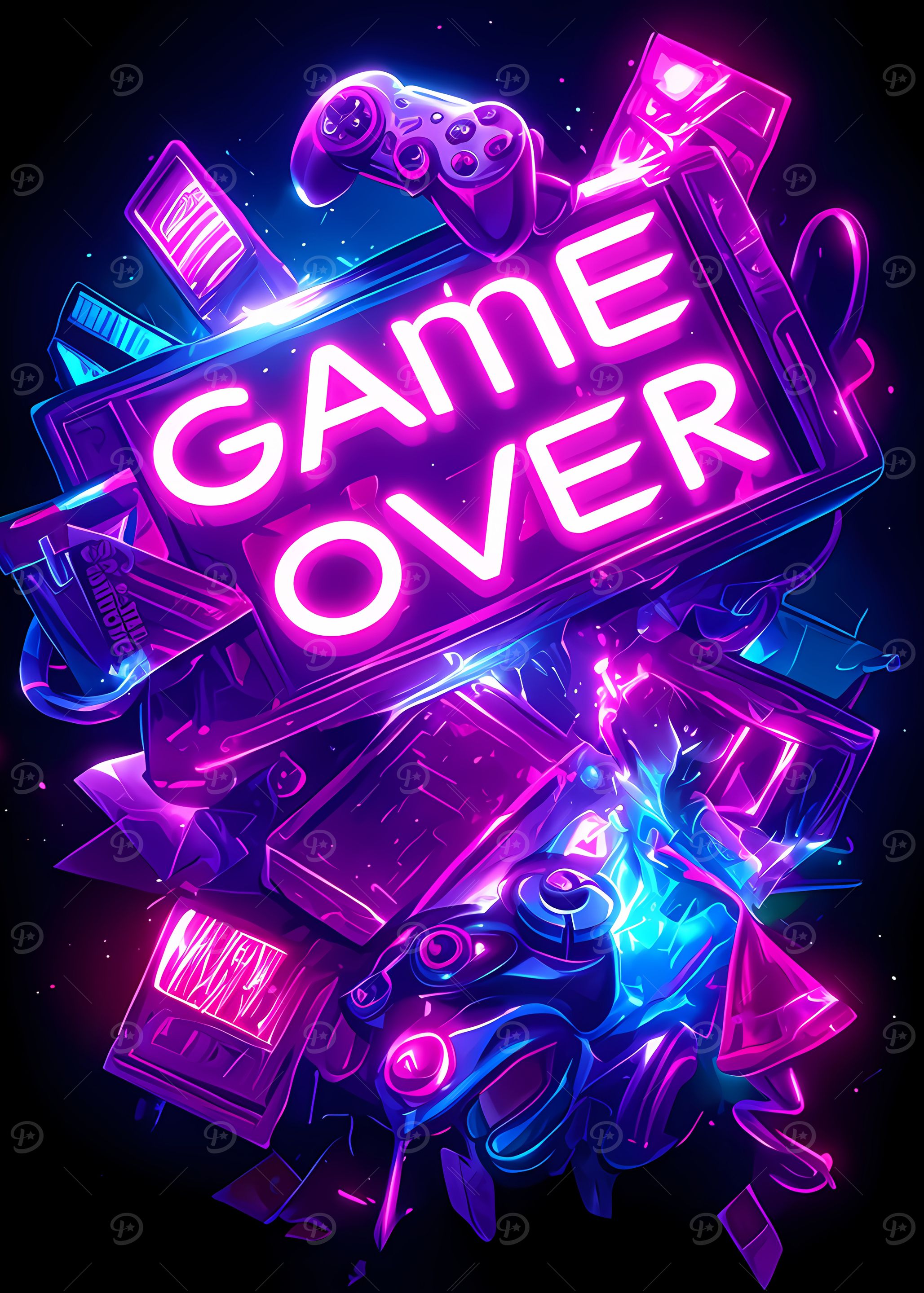 Neon Game Over Sign with Controllers