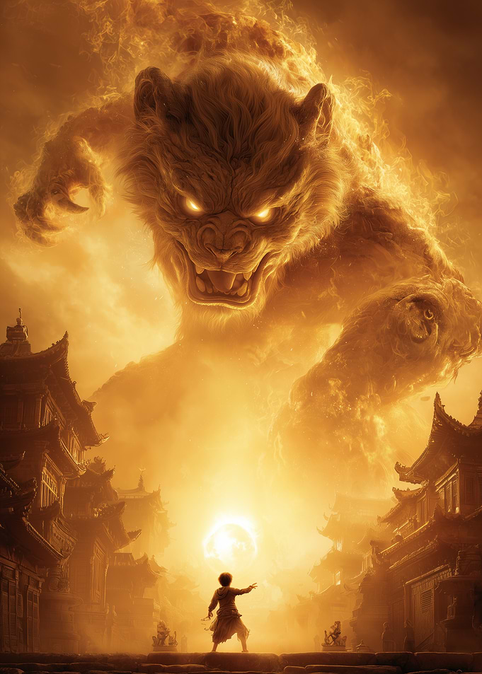 Fiery Beast Confrontation in Ancient City