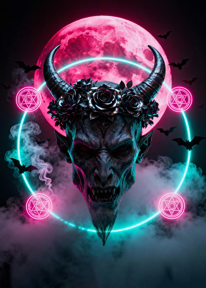 Demon with Roses and Pink Moon