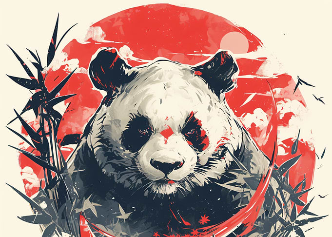 Panda with Bamboo and Red Sun