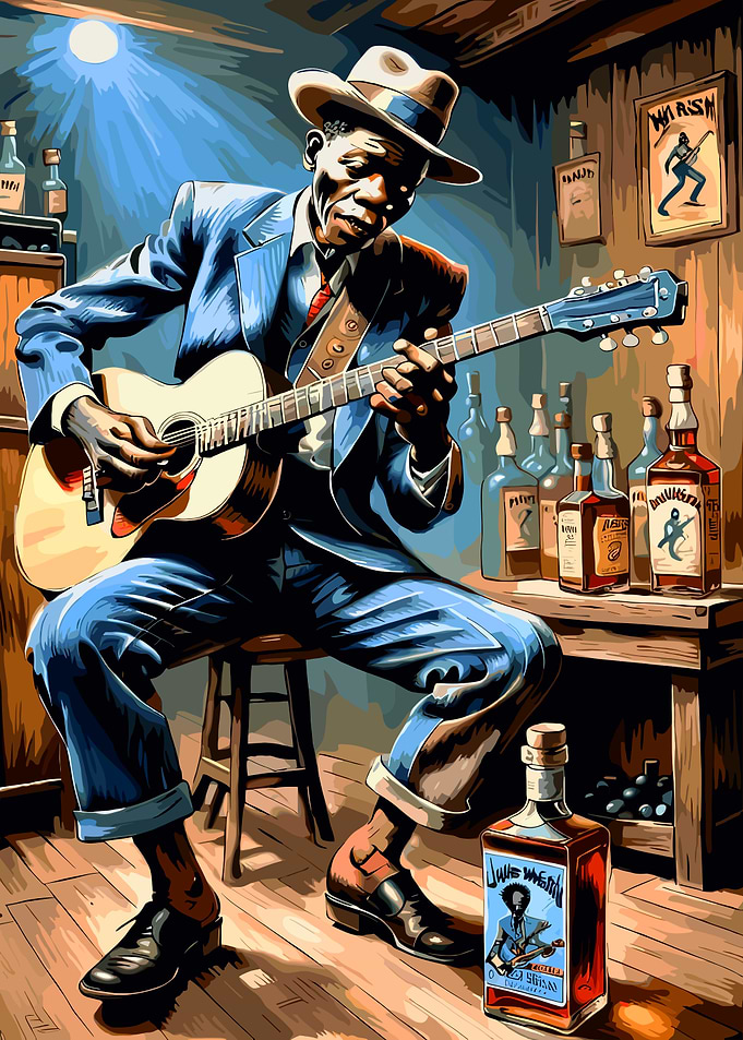 Blues Musician Playing Guitar in Bar