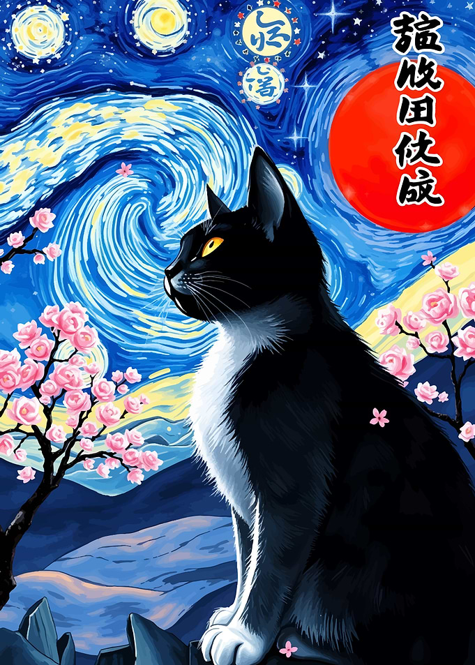 Black Cat in Starry Night Style