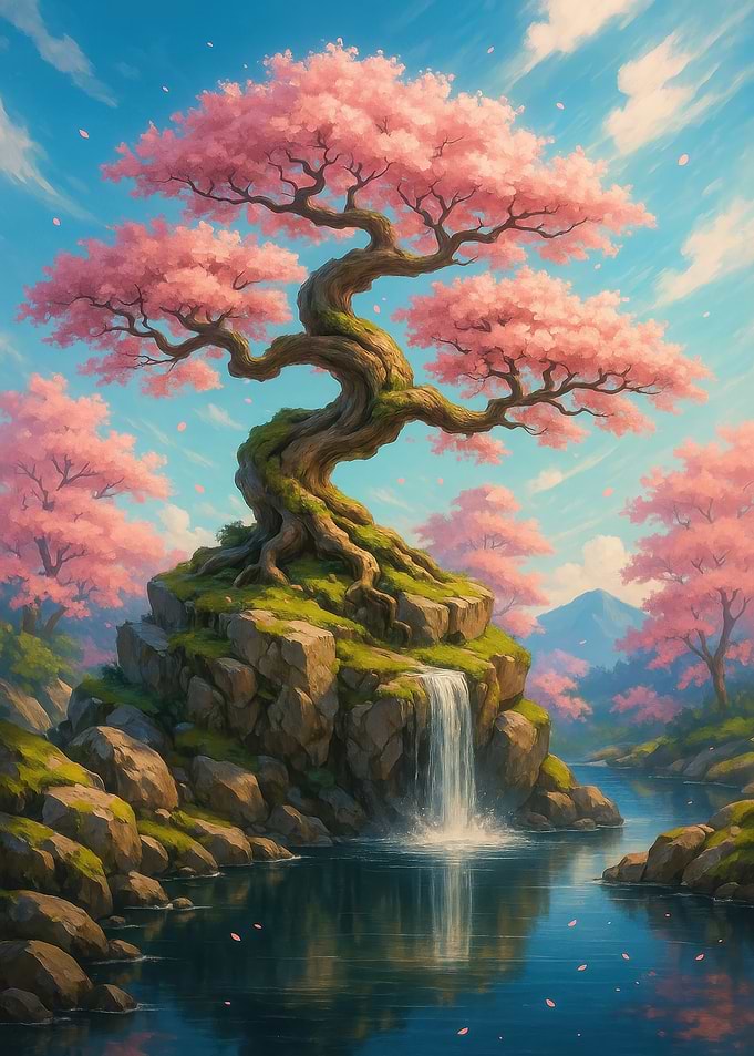 Cherry Blossom Tree Waterfall Landscape