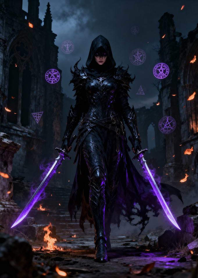 Dark Fantasy Warrior with Purple Swords