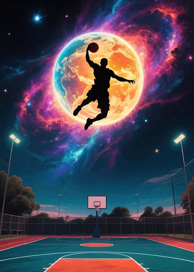 Basketball Player Silhouette with Cosmic Background