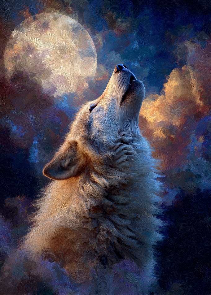 Wolf Howling at the Moon Painting