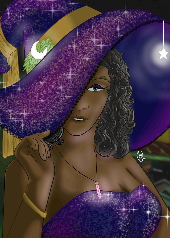 Elegant Witch with Sparkling Purple Hat