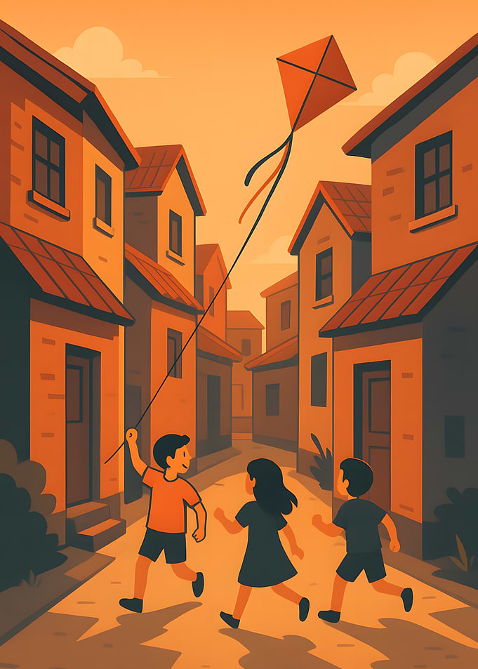 Children flying kite in village street