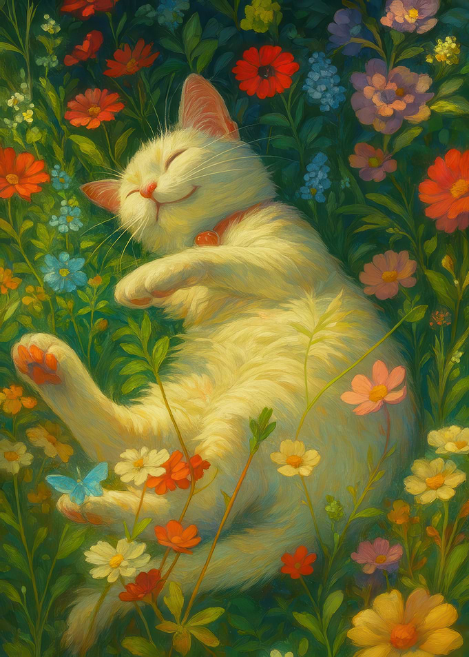 Happy Cat in Flower Garden