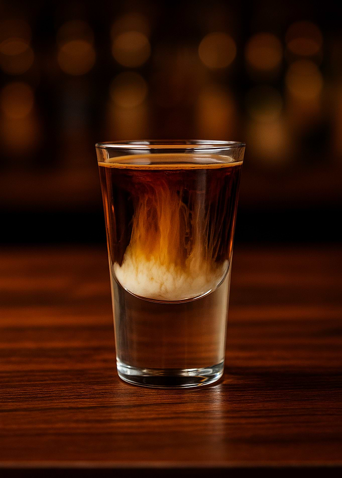 B-52 Cocktail Shot on Wooden Bar