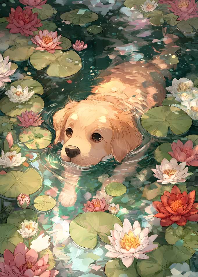 Golden Retriever in Lily Pond