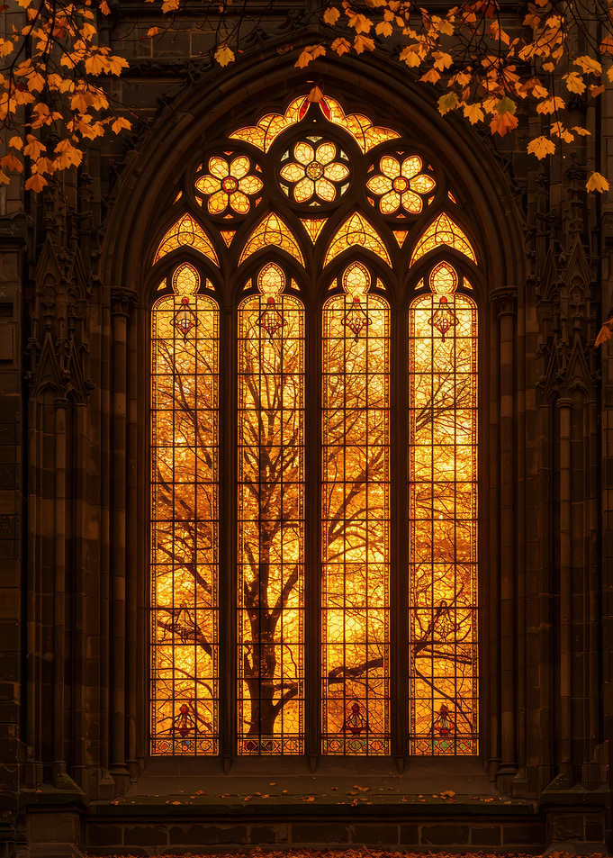 Autumn Tree Through Gothic Window