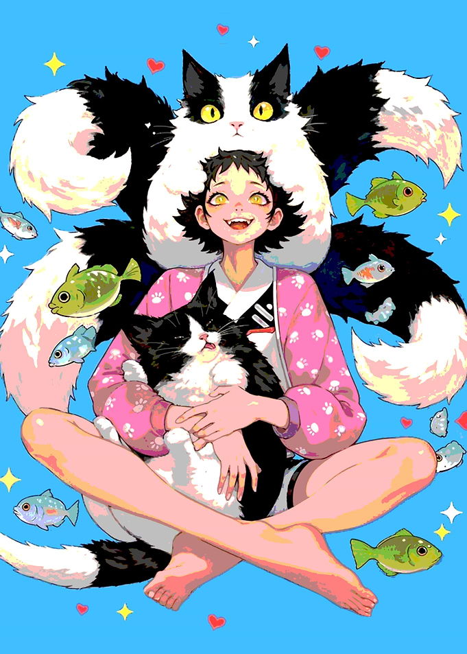 Girl with Cats and Fish