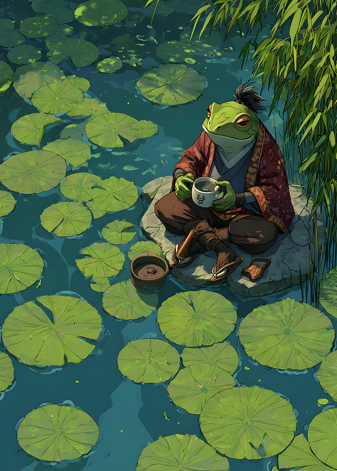 Frog Samurai Drinking Tea in Pond