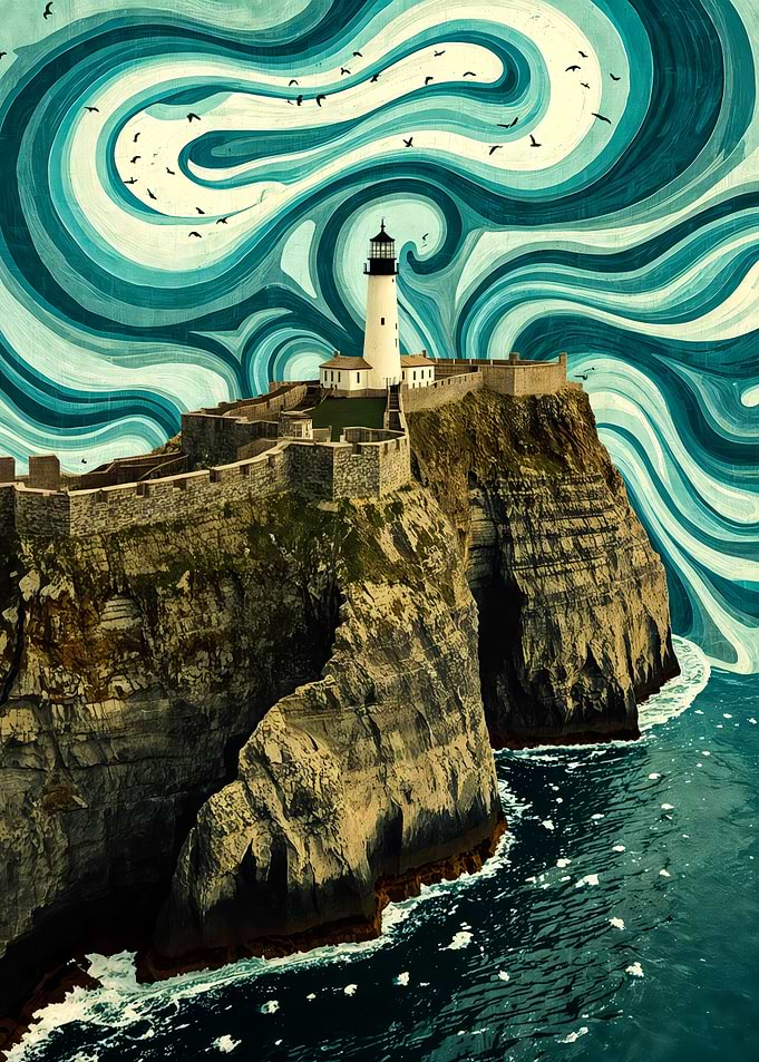 Lighthouse on Cliff with Swirling Sky
