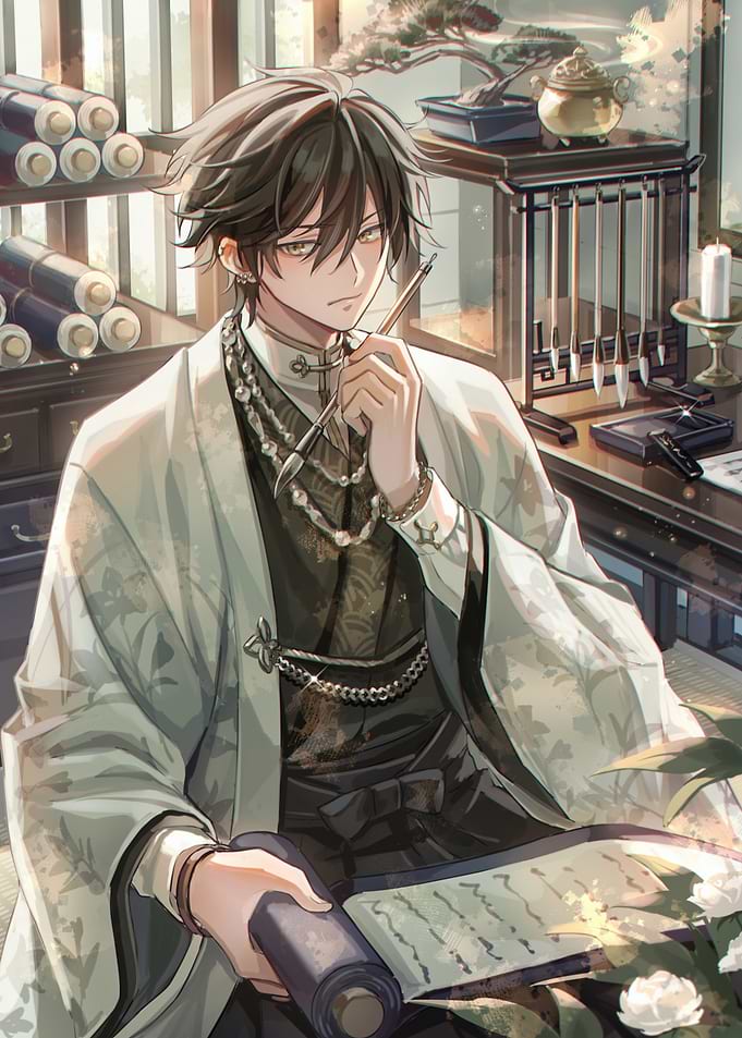 Elegant Anime Man with Scroll and Brush