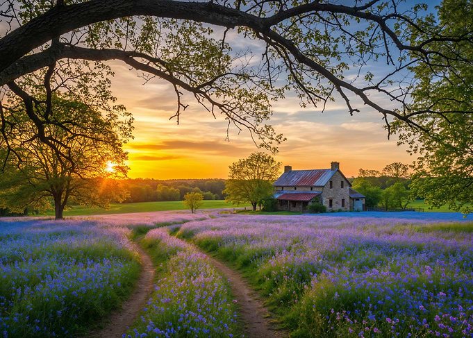 Sunset over a field of flowers