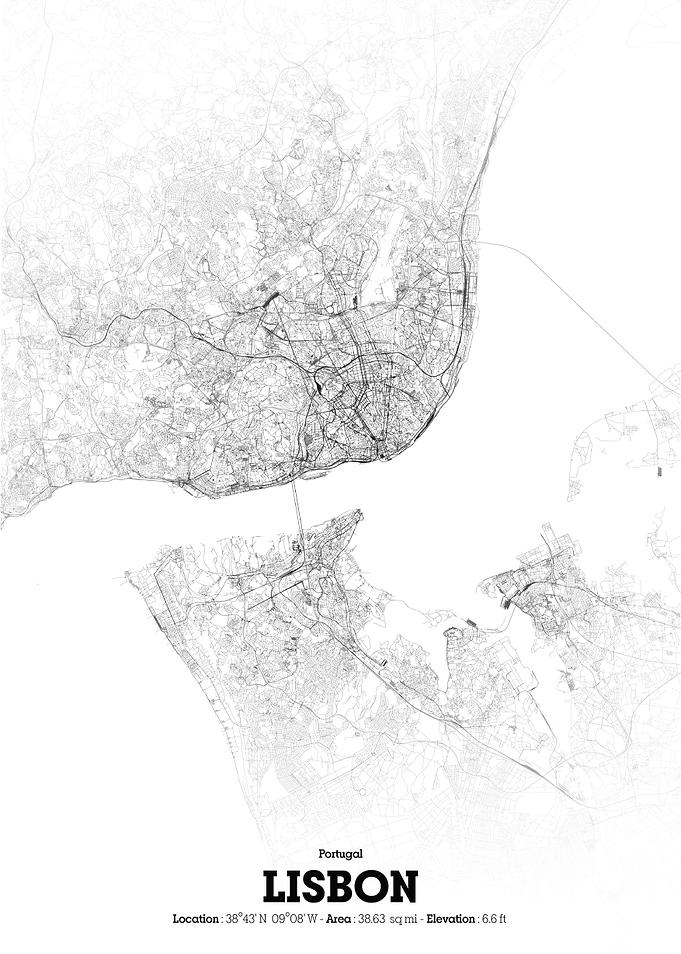Lisbon City Map - Black and White