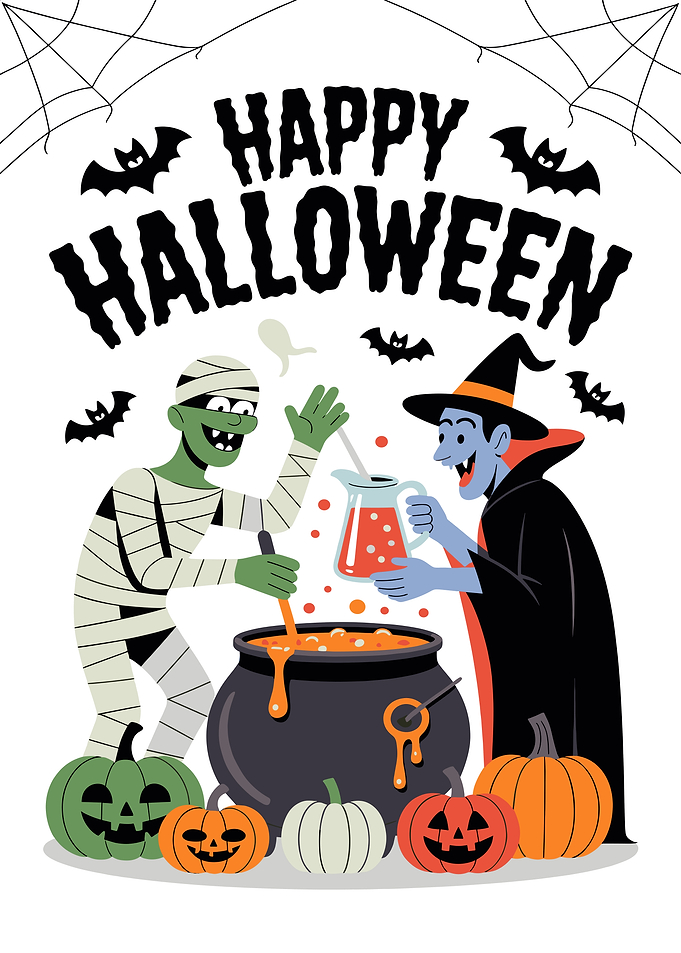 Happy Halloween Cartoon with Mummy and Vampire