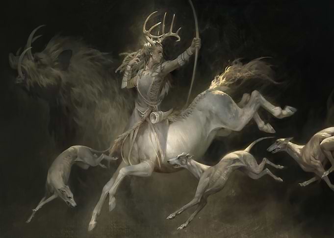 Fantasy Archer on Horseback with Hounds