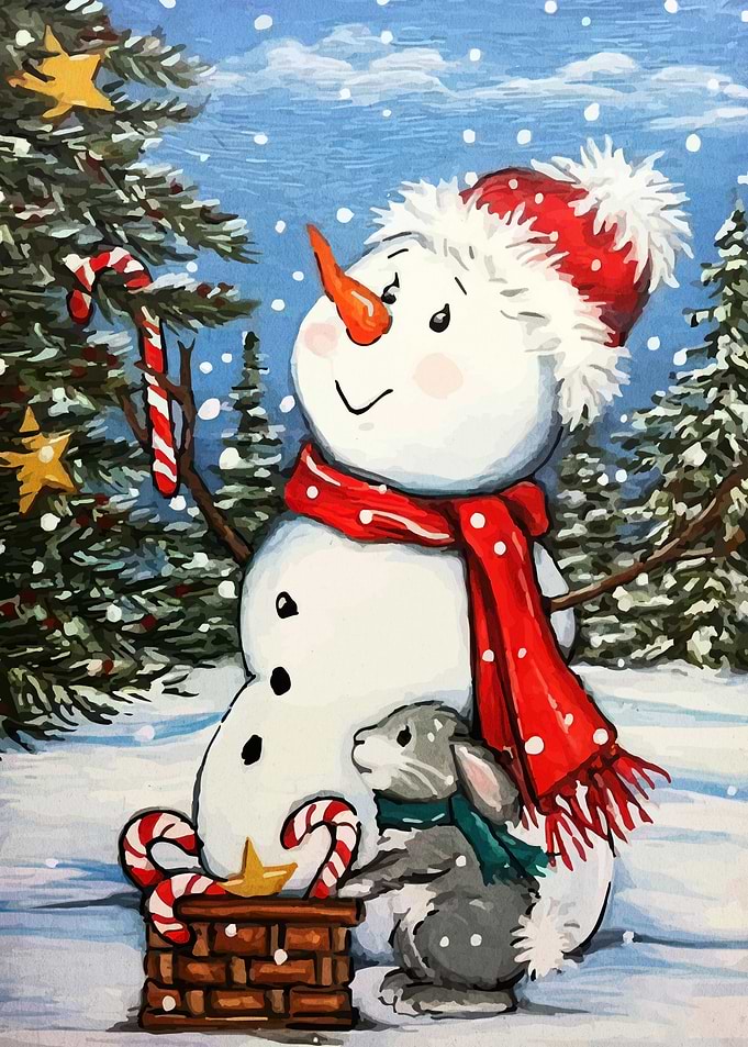 Winter Snowman and Rabbit Painting