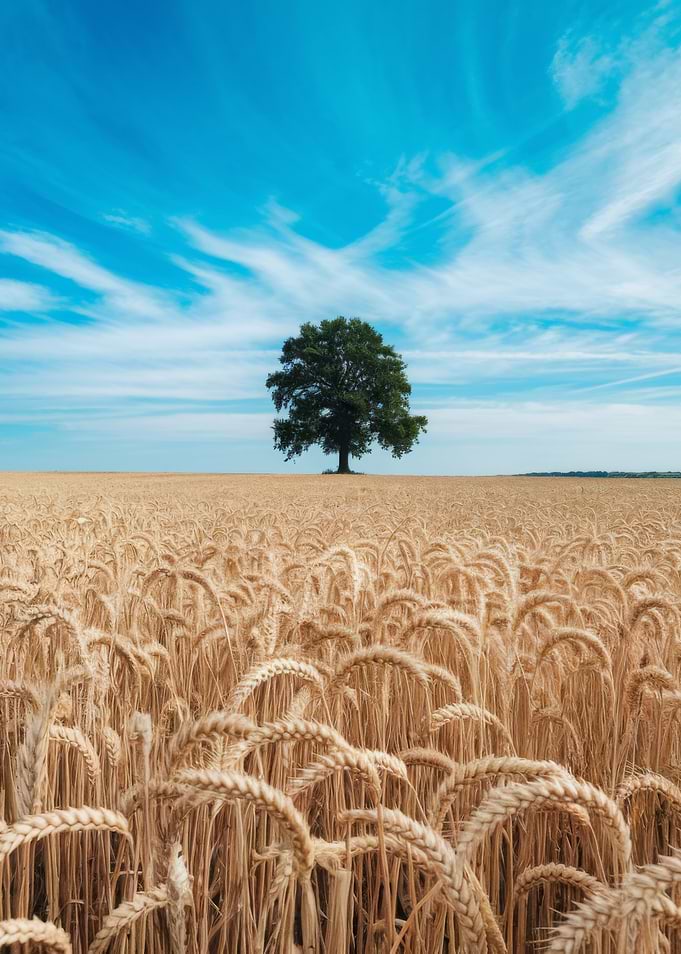 Wheat Field with Tree Under Blue Sky