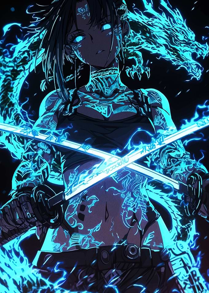 Anime Warrior with Dragon and Swords