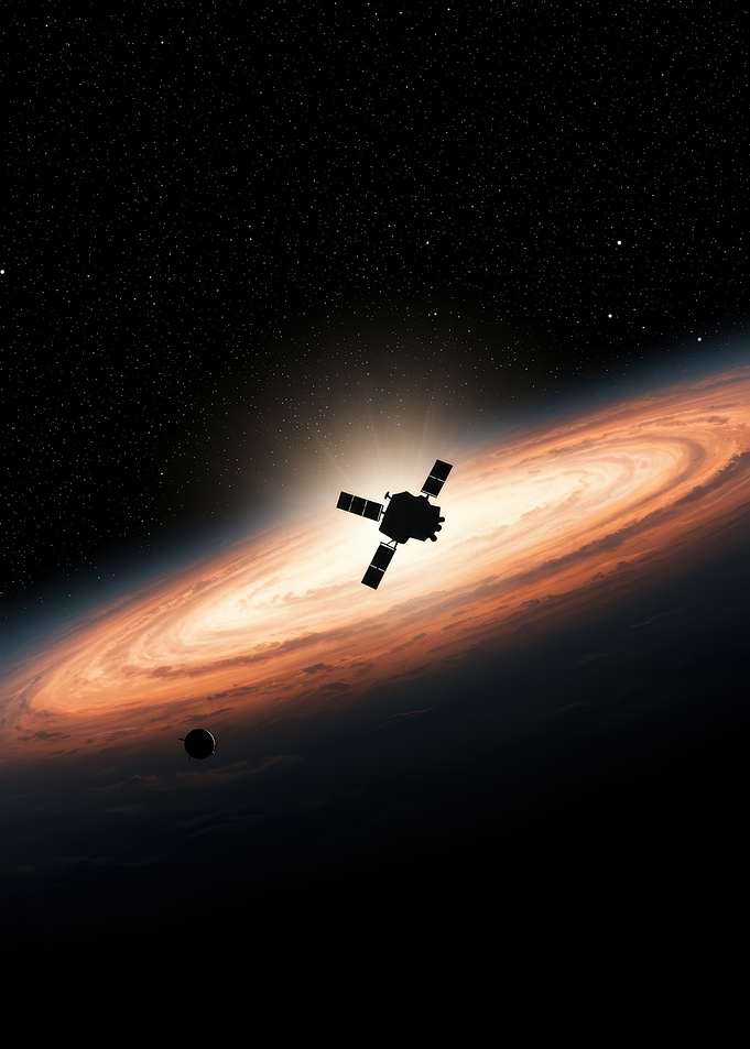 Spacecraft orbiting a ringed planet