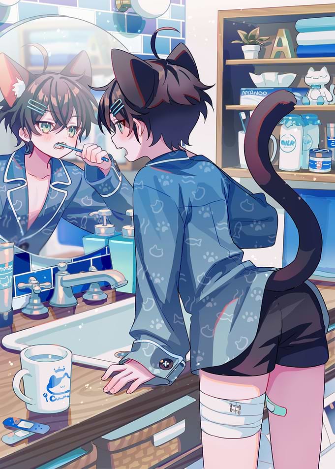 Anime Cat Boy Brushing Teeth