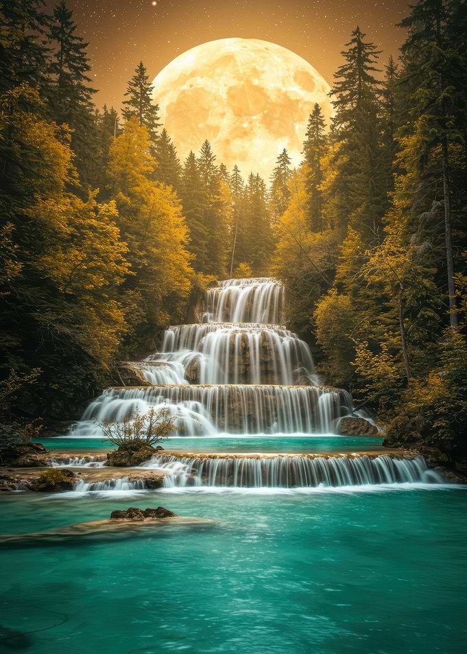 Majestic Waterfall Under a Golden Moon