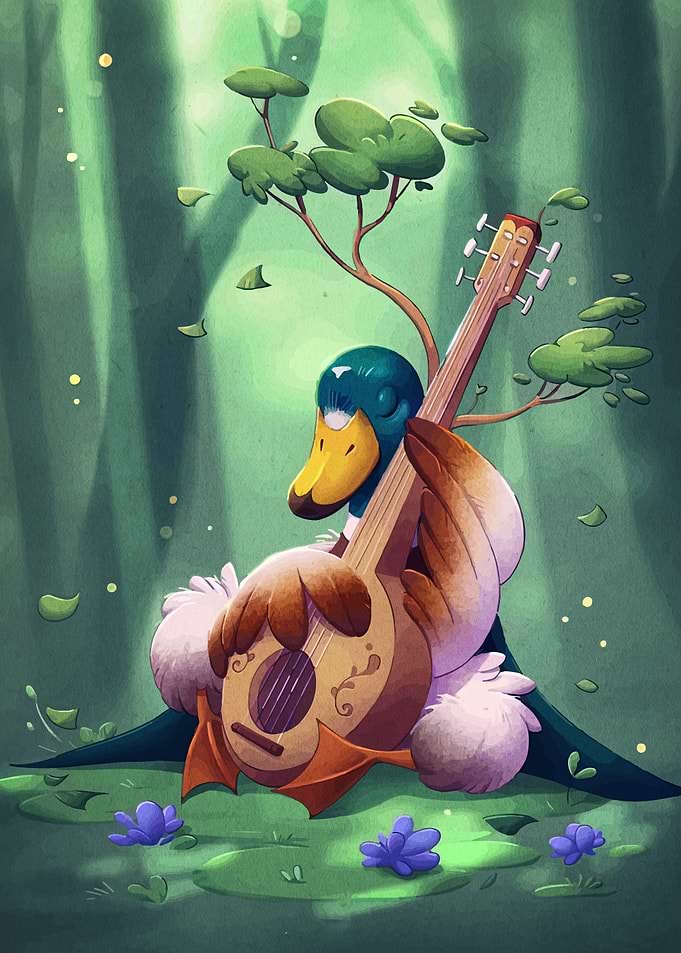 Duck playing a lute in forest