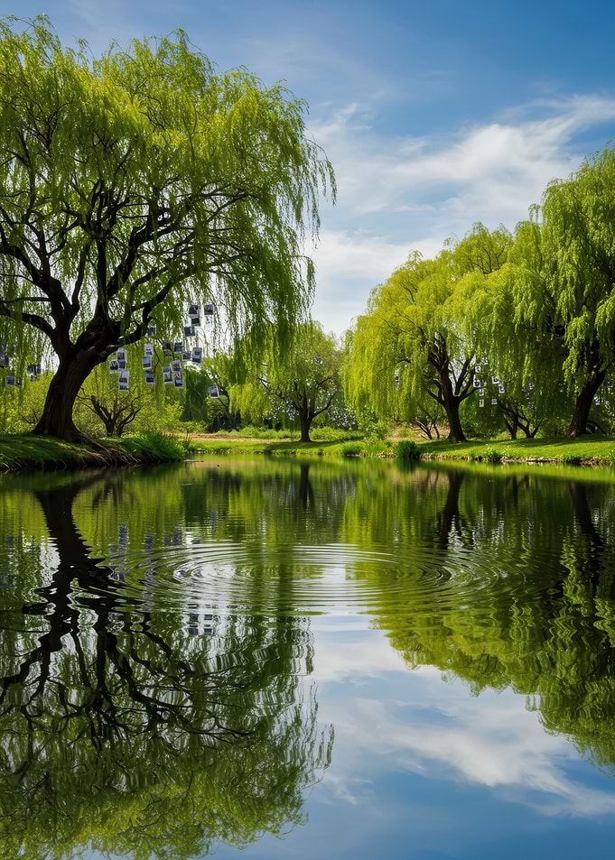 Willow Trees Reflected in Pond
