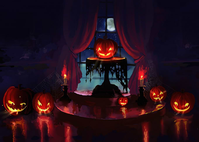 Halloween Pumpkins and Candles Still Life