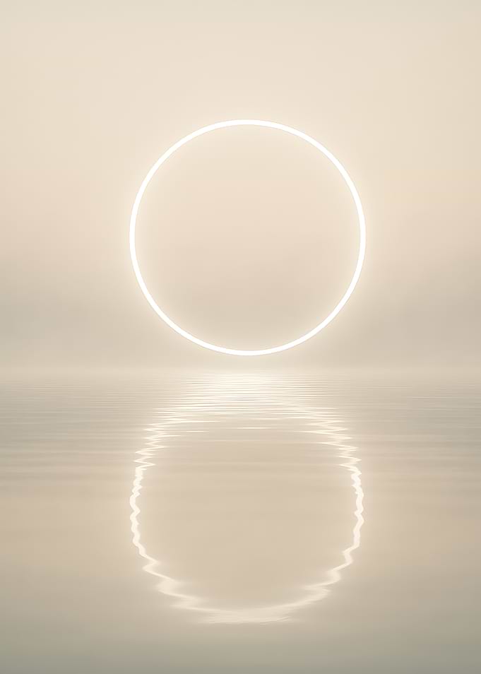 Minimal Glowing Circle Over Calm Water reflection