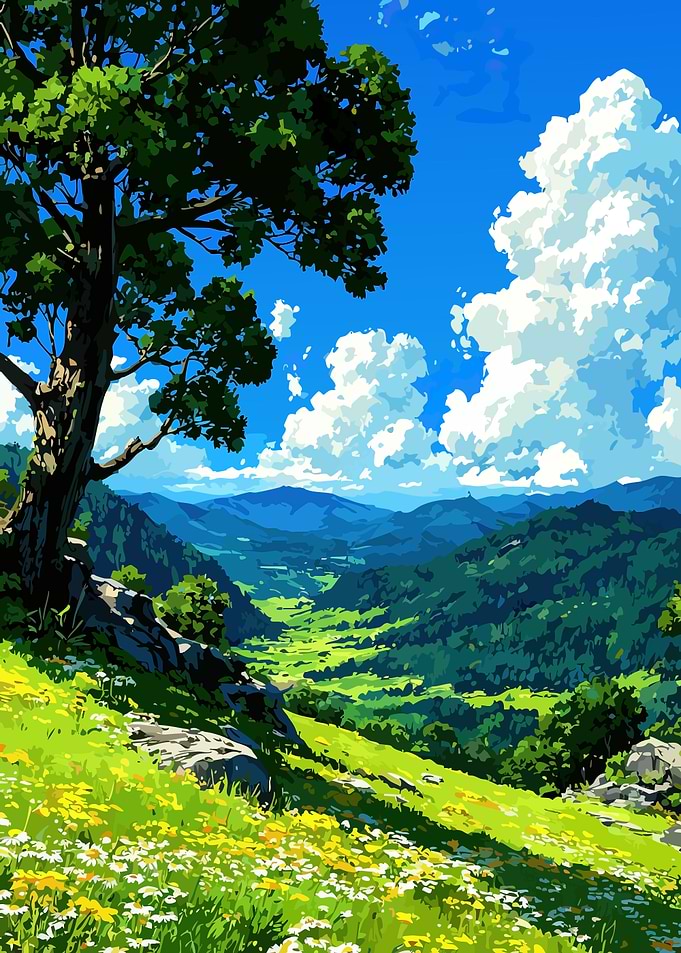 Lush Green Valley Landscape with Blue Sky