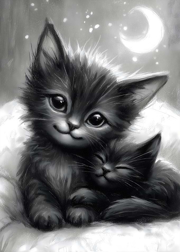 Two Cute Kittens Under the Moon