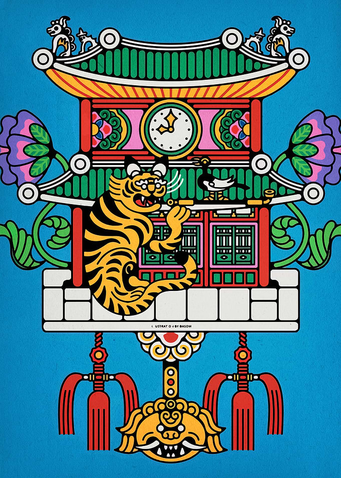 Tiger in Asian-Inspired Structure Illustration