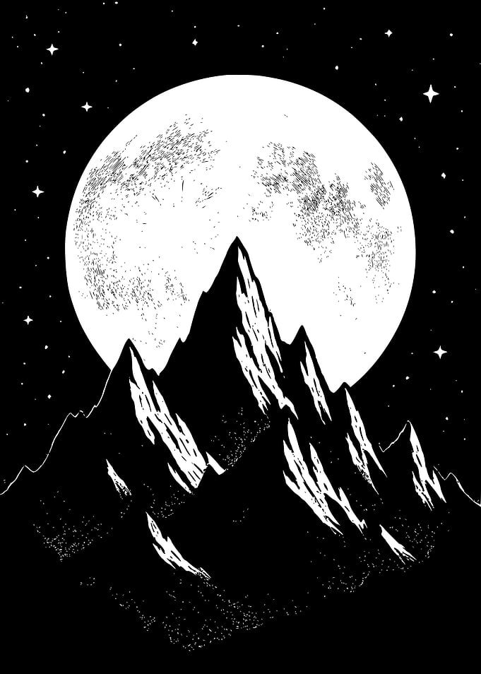 Monochrome Mountain Landscape with Full Moon