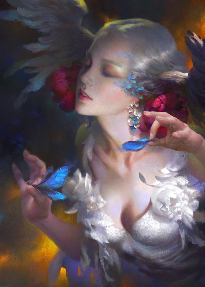 Dreamy Angel with Flowers and Feathers
