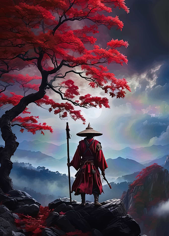 Red-Clad Figure Under Autumn Tree