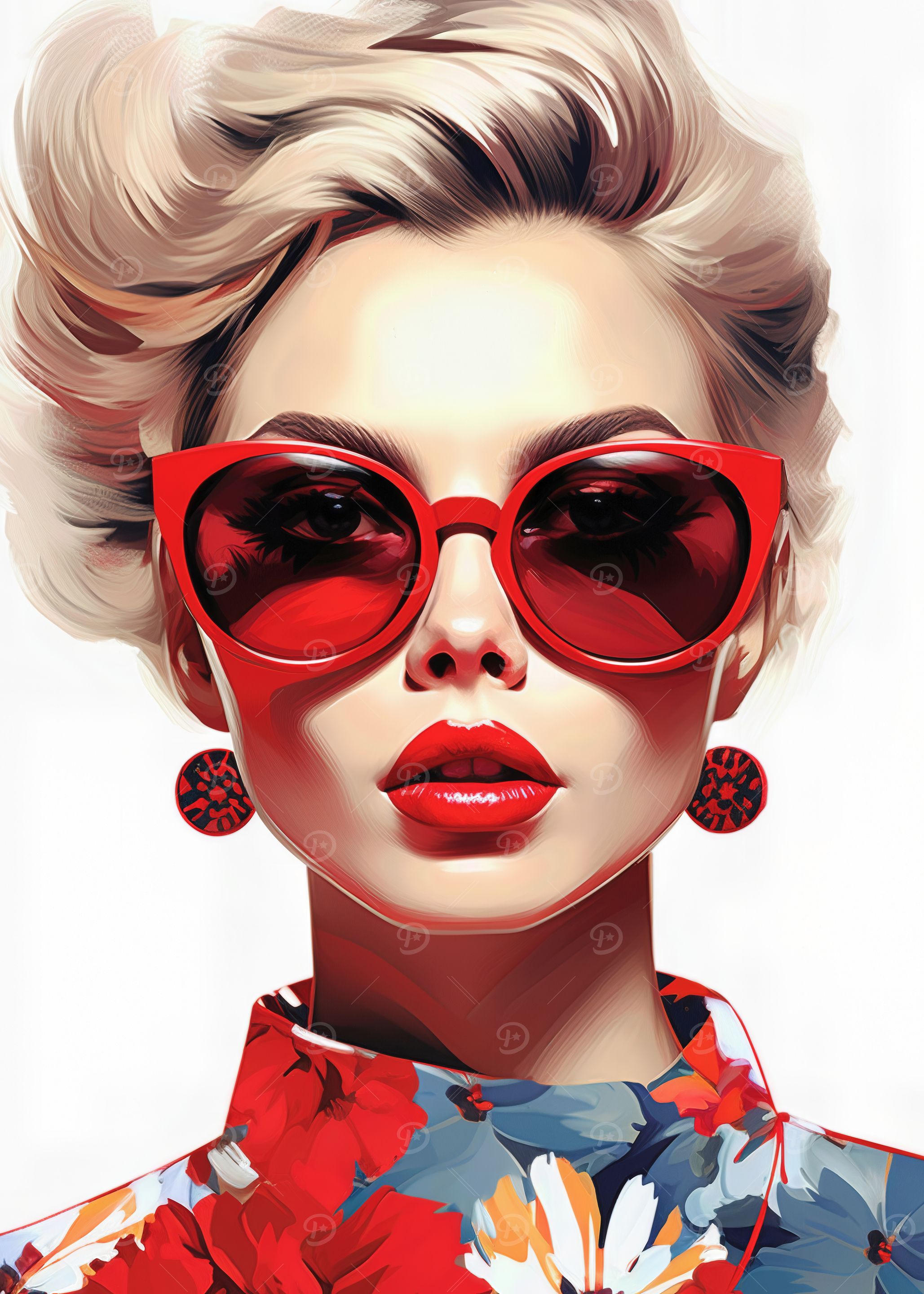 Woman with Red Sunglasses and Floral Top