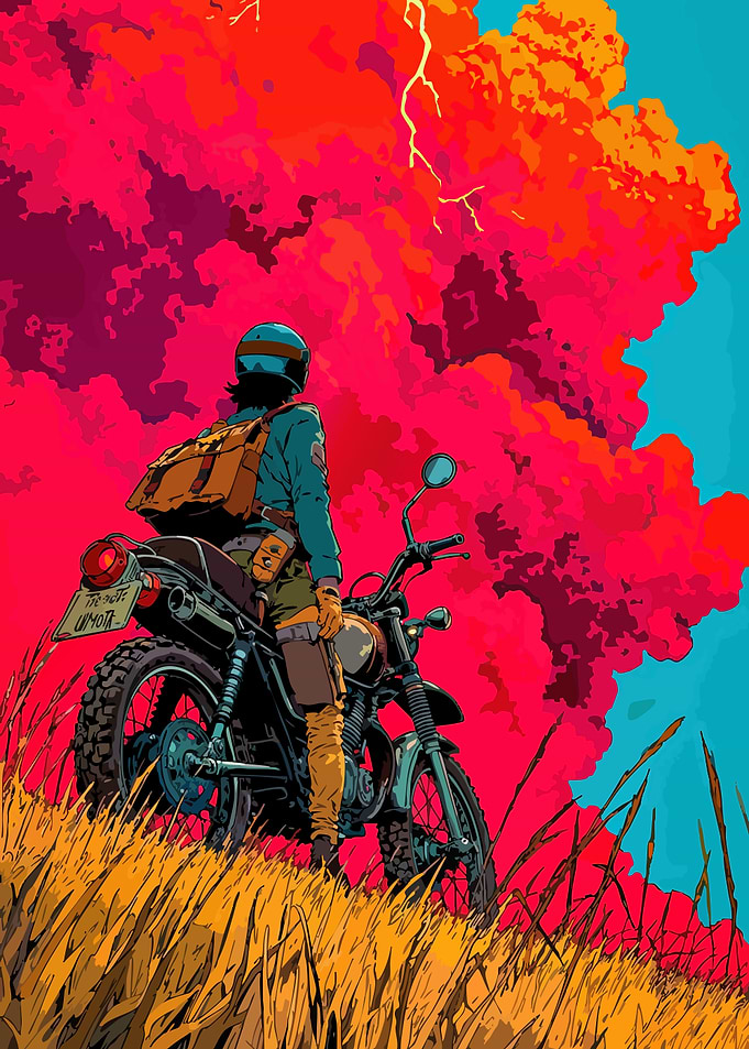 Motorcycle Rider with Stormy Sky