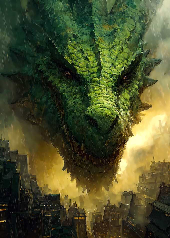 Green Dragon Over Cityscape