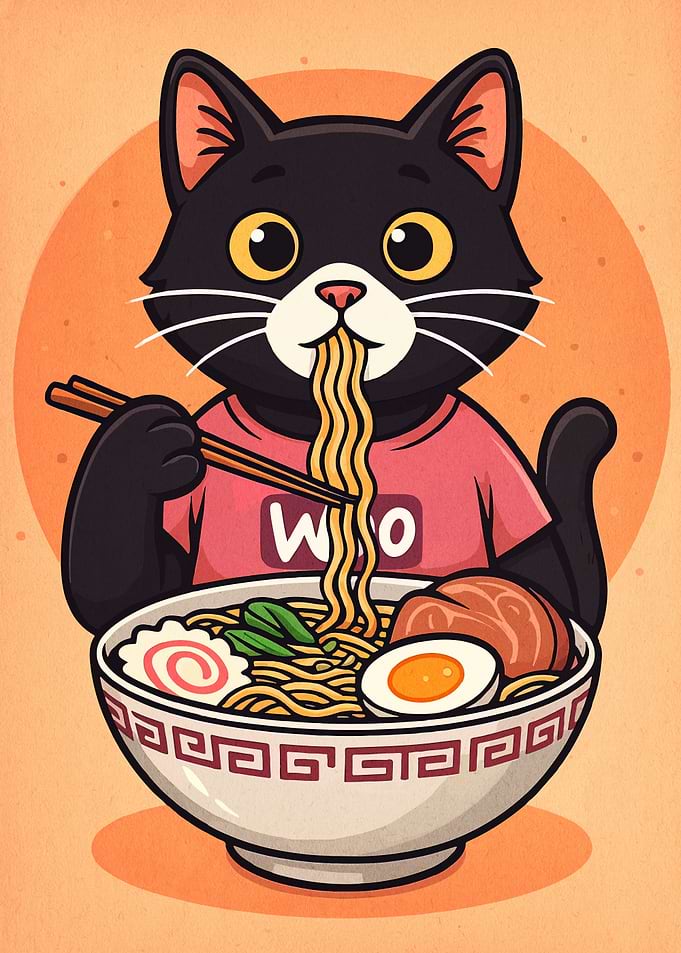Cat eating ramen cartoon illustration