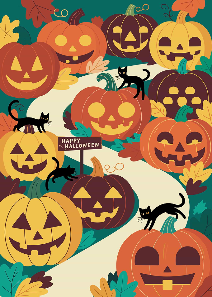 Halloween Pumpkins and Black Cats Illustration