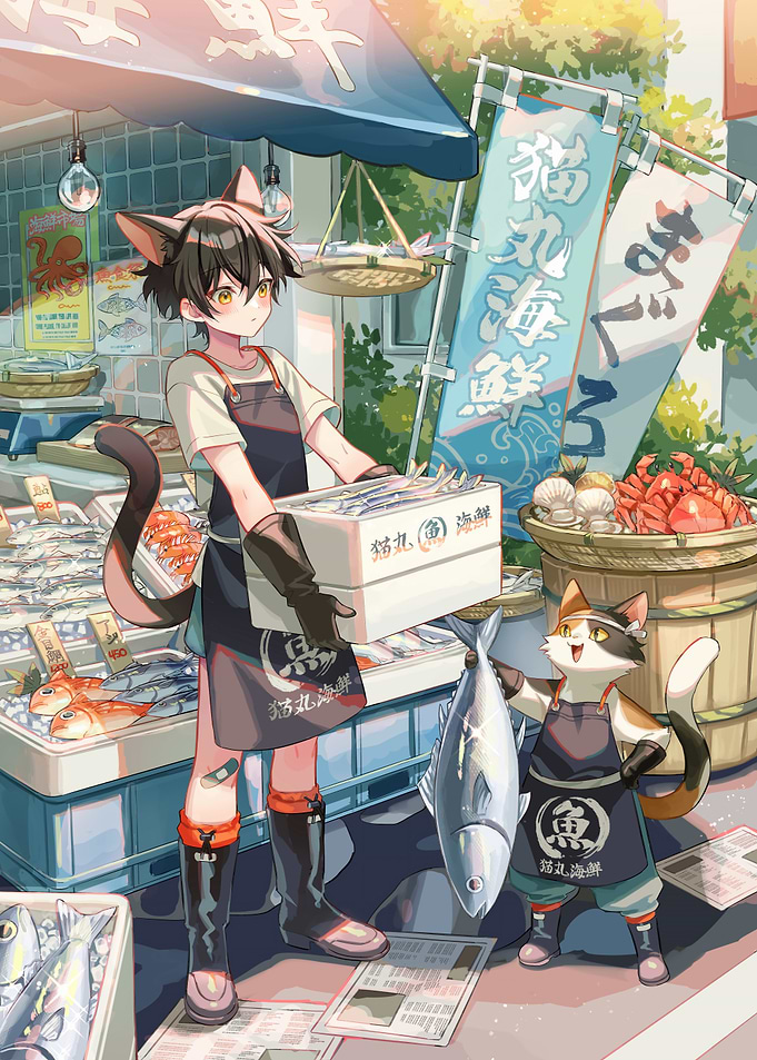 Anime Cat-People at Japanese Fish Market