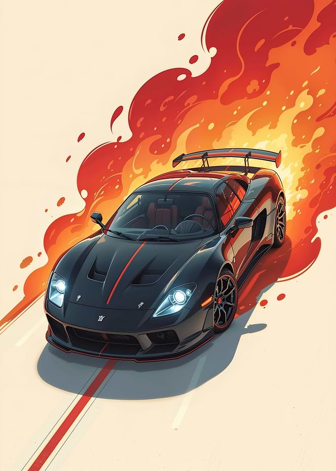 Black Sports Car with Flames