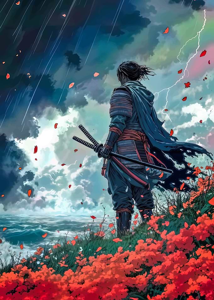 Samurai in Storm with Red Flowers